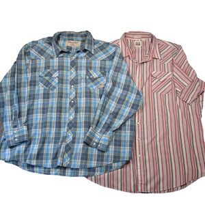 2 Western‎ Shirts 3XL Blue Plaid Red Striped Pearl Snap Wrangler Ely Cattleman